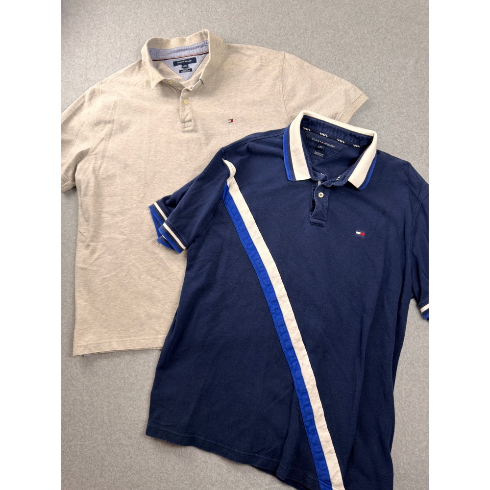 Tommy Hilfiger Mens XXL Custom Fit Polo Shirt Navy Blue Diagonal Stripe Bundle